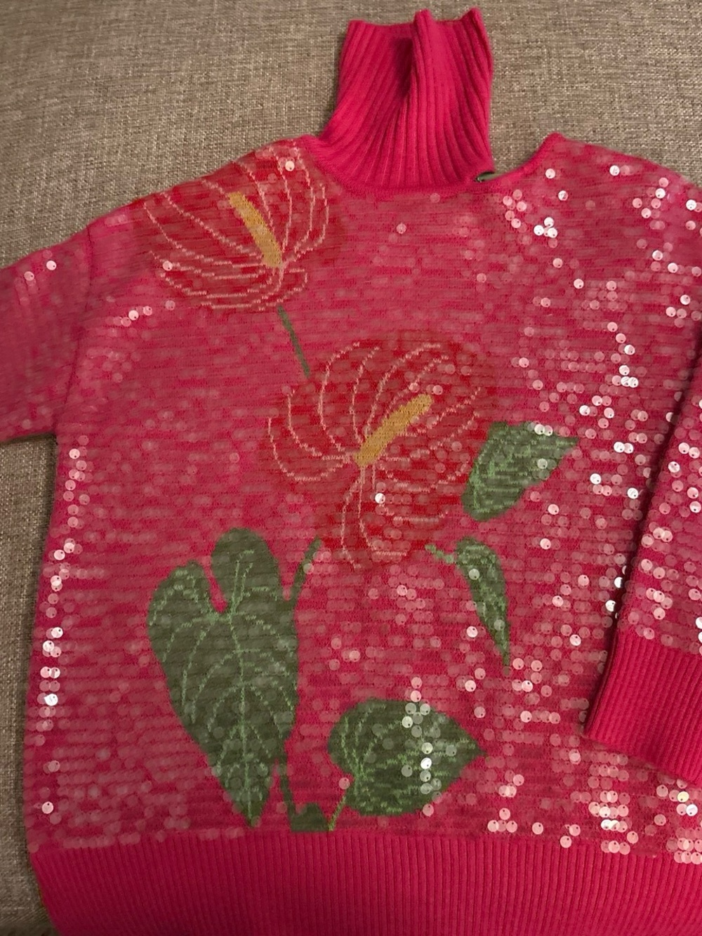 FARM Rio Pink Sequin Floral Turtleneck Sweater